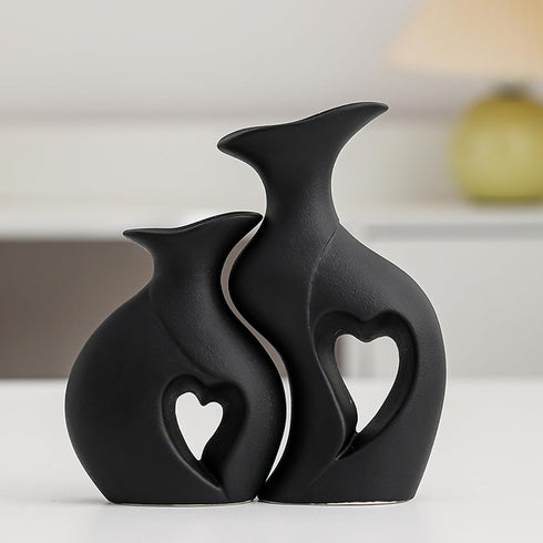Set 2,Filled Black Ceramic Vase of with Love,Modern Minimalist Bohemian Vases Home DecorHeart Shape Matte Ceramic Vases