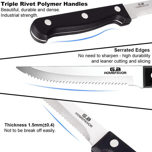 G.a HOMEFAVOR Steak Knife Set - 8 Pieces Full Tang Sharp Serrated Knives Cutlery Set, Stainless Steel, Black
