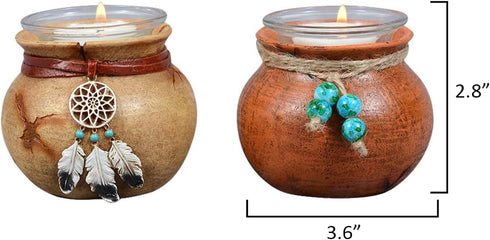 Southwest Pots Candle Holders – Set of 2 Rustic Votive Holders with Twine & Bead Accent – 3.6" x 2.8"