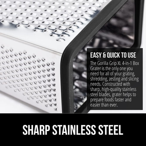 GORILLA GRIP XL 4-Sided Cheese Grater with Container, BPA-Free Stainless Steel Box Grater, Black