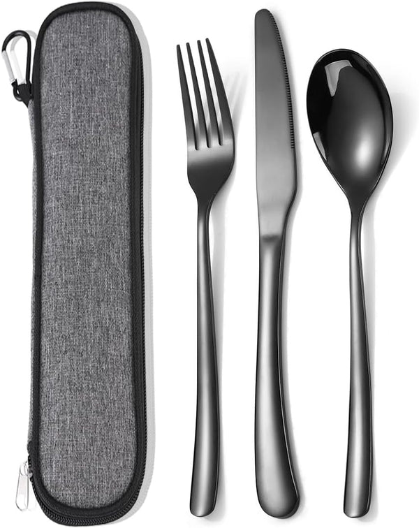 MURRI&MURRDI Stainless Steel Cutlery Set for 1, 3 Piece Reusable Flatware Set with Case, Knife Fork Spoon