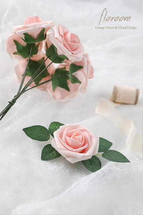 Floroom 25pcs Artificial Flowers Blush Heirloom Foam Fake Roses with Stems for DIY Wedding Bouquets, Pink