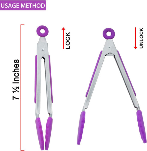 Small Kitchen Tongs - 7 Inch Mini Silicone Appetizers Tongs, Set of 3 (Purple)