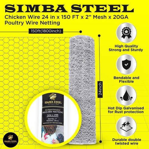 24 150 2 20GA PM24x150x2 Chicken Wire in x FT x Mesh x | Poultry Wire Netting | Hot Dipped Galvanised | Hexagonal