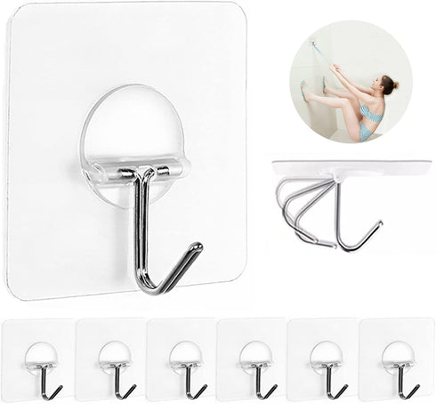 Adhesive Wall Hooks for Hanging - Heavy Duty Waterproof Transparent Hook, 8 Pack