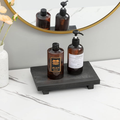 Wooden Bathroom Counter Organizer, Black Pedestal Stand Decorative Tray for Soap Holder and Kitchen Decor