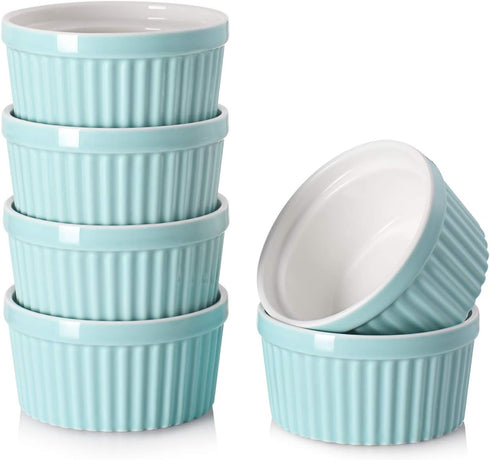 DOWAN Ramekins Set of 6, 4 oz Porcelain Ramekins for Baking Souffle, Oven Safe, Classic Style, Blue