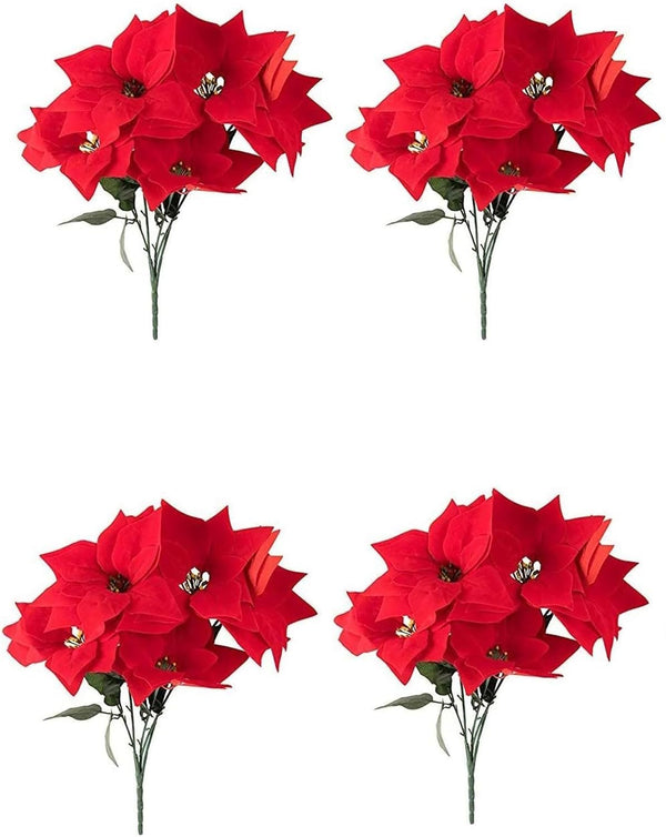 Juvale 4 Pack Artificial Poinsettias Christmas Flowers - Lifelike Red for Holiday Decor and Floral Arrangements