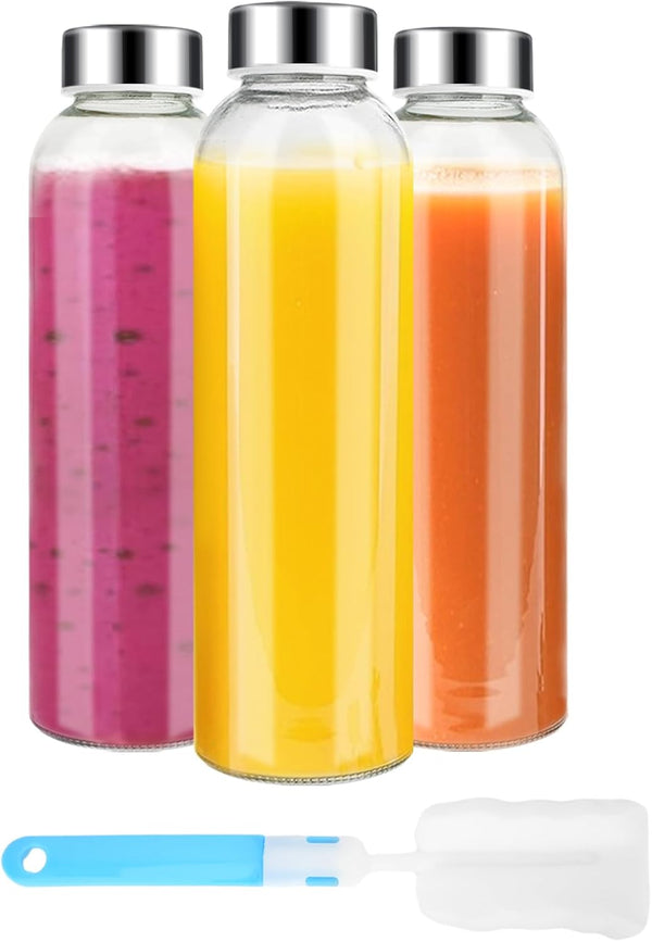 Luxfuel Clear Glass Bottles with Lids 18 oz, Reusable Glass Water Bottles