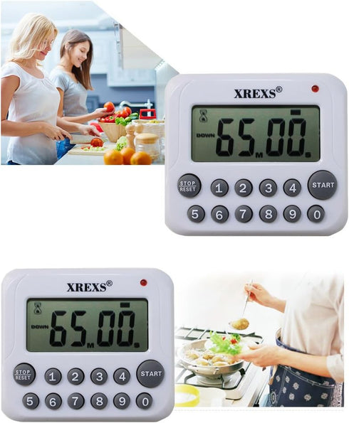 XREXS Digital Kitchen Timer with Magnet Back and Clip, Loud Alarm, Large Display, White (2 Batteries Included)
