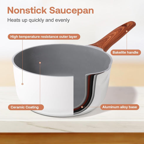 Ceramic Nonstick Sauce Pan with Lid, 2 Quart Cooking Pot with Pour Spout and Handle
