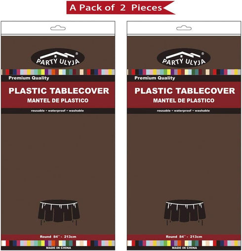 2 Pack 84 Inch 6 Brown Plastic Tablecloths Disposable Table Covers Circle Bridal Shower Party Tablecovers PEVA Coffee