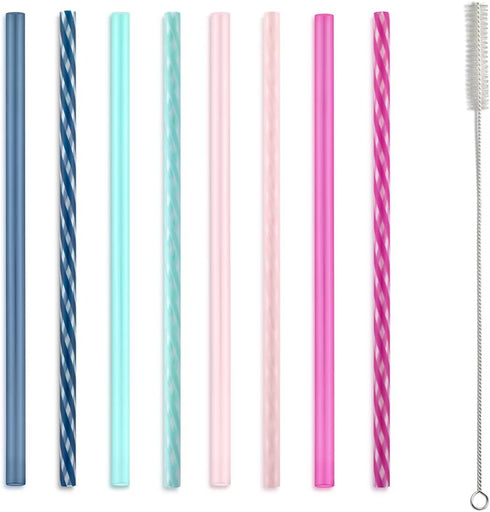 Ello Impact 8 Pack Reusable Plastic Straws, Dishwasher Safe, BPA-Free with Cleaning Brush, Rosewater