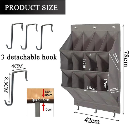 12 600D 6 Over the Door Shoe Organizer, Grey Pockets Hanging Shoe Storage Rack with Large Deep Pockets, Oxford Fabric