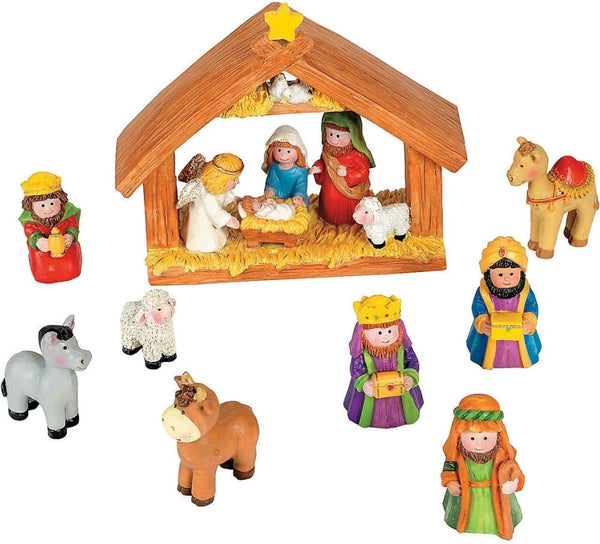 Fun Express Mini Christmas Nativity Set, 9 Pieces with Stable, Jesus, Mary, Joseph, Wisemen - Red, Blue, Green, Beige,