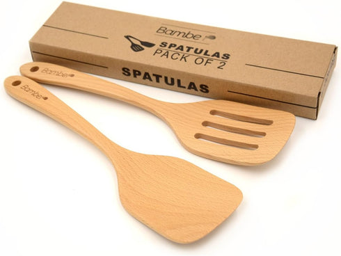 Bamber Wooden Wok Spatula Set - Wood Turner for Non Stick Cookware, Pack of 2