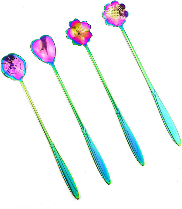 Flower Spoon Set of 4 PCS, LEEFONE 7" Flower Pattern Long Handle Spoon for Tea & Ice Cream