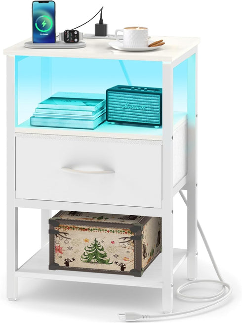 Yoobure White Night Stand with Charging Station, LED Nightstand for Bedroom, Bedside