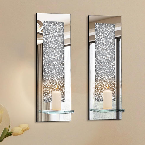 Pibeyer set 2, Crystal Crush Diamond Wall Candle holder of Rectangle Silver Mirrored Candle Sconces, Home Wall