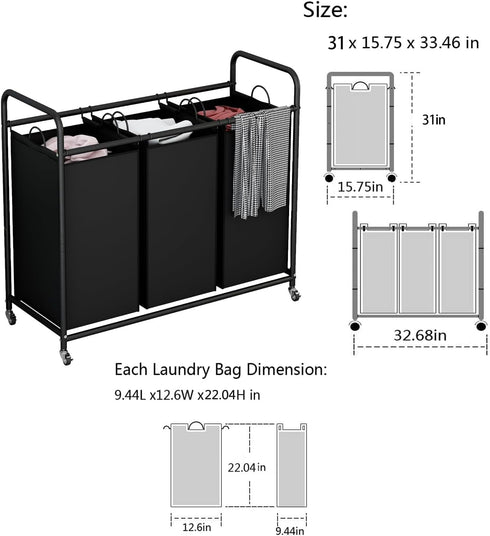 3-Bag 35.6 Gal(135 LINZINAR Laundry Basket, Black Laundry Hamper, L) Laundry Sorter Cart Laundry Room Organization
