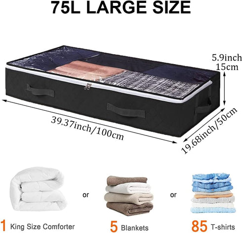 Under Bed Storage Containers, 4-Pack Large Underbed Storage Bags Organizer, Thick Fabric Storage Bins with Clear Window and Handles for Blanket, Comforter, Bedding, Clothes, Black by ASANMEYO