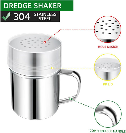 Stainless Steel Dredge Shaker, 6 Oz Spice Shakers with Handle, Fine Powder Shakers for Baking Seasoning