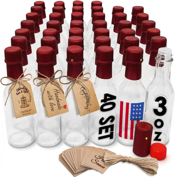 PATRIOT CREATIVE PATRIOT 40 Pack 3oz Hot Sauce Bottles with Lids RED, Glass Woozy