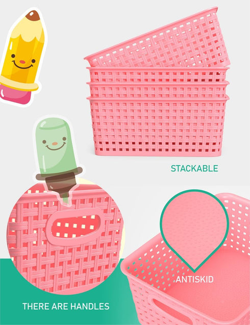 WYT 6-Pack Plastic Small Shelf Storage Weave Baskets, Organizing for Cabinets and Pantries, Pink