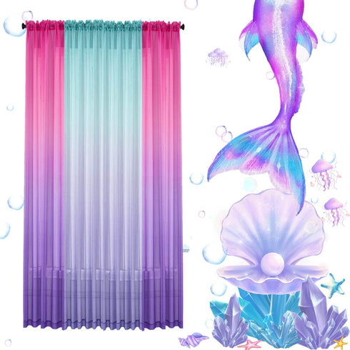 Yancorp 2 Panel Sets Semi Sheer Bedroom Curtains, 96 inch Length Rod Pocket Curtain in Teal Turquoise Purple Ombre