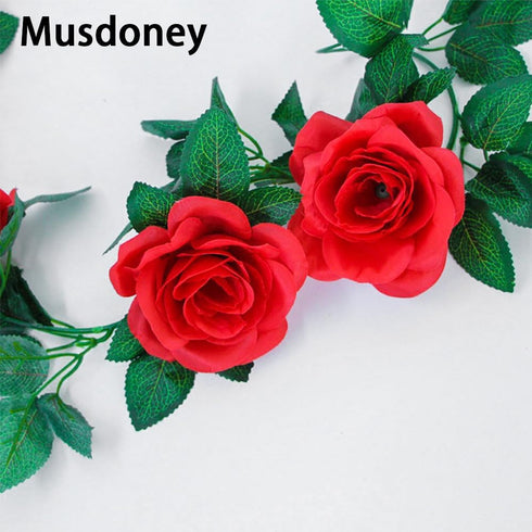 Musdoney 4Pcs 32.2 FT Fake Rose Vine Flowers, Artificial Flower Garland for Home, Wedding, Party Decor (Red)