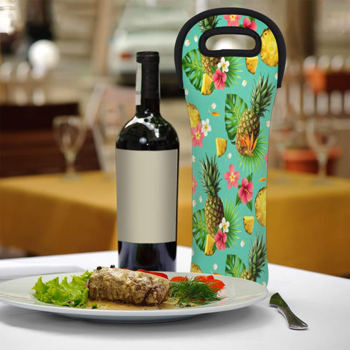 Tropical Pineapple Pattern Wine Bag - Neoprene Leakproof Travel Tote with Handle, Reusable Cooler for Parties