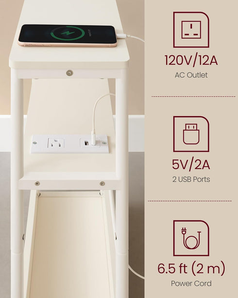3-Tier ULET335W01 VASAGLE Side Table with Charging Station, Narrow End Table, Nightstand, Sofa Table for Small Spaces