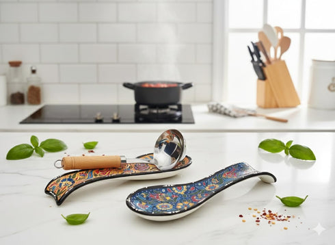 Set 2-9" 100% Handcrafted Turkish Ceramic Spoon Rest of Large Spoon Holder for Stove Top - Lead-Free & Heat Resistant