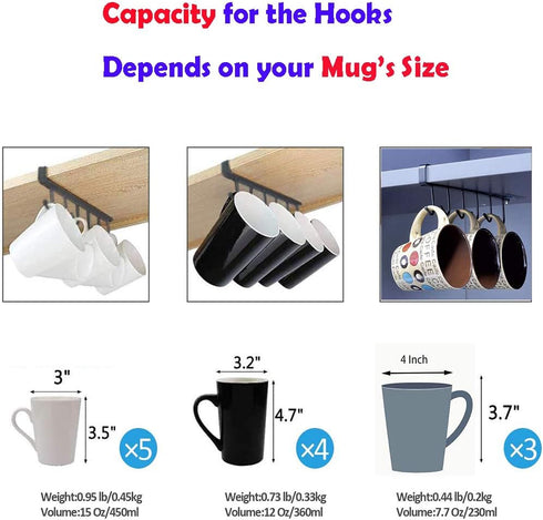 AliCH Mug Holder 2pcs Under Cabinet Hooks Rack, Nail Free Coffee Cups Holder for Kitchen Utensils and Storage