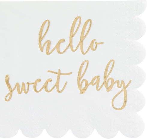 50 Pack White Scalloped Napkins 5x5 Inch with Gold Foil Hello Sweet Baby - Gender Neutral Baby Shower Table Decor for