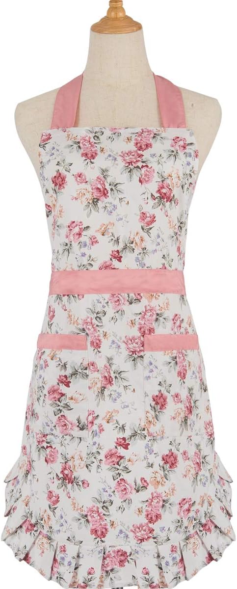 Lovely Cotton Apron for Women, Adjustable Neck Strap, 2 Pockets, 41.5” Long Ties, Cute Kitchen Cooking Apron - 30” x
