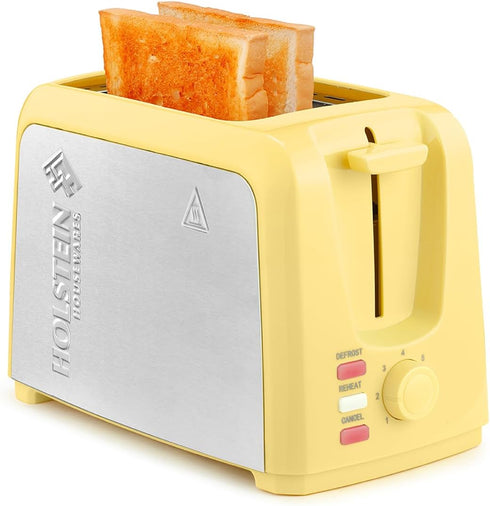 Holstein Housewares 2-Slice Toaster, Yellow/Stainless Steel with 7 Browning Control Settings for Bagels