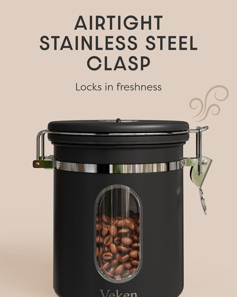 Veken Coffee Canister with Window, Airtight Stainless Steel Kitchen Food Storage Container with Date Tracker and Scoop for Grounds Coffee, Beans, Tea, Flour, Cereal, Sugar, 16OZ,Black