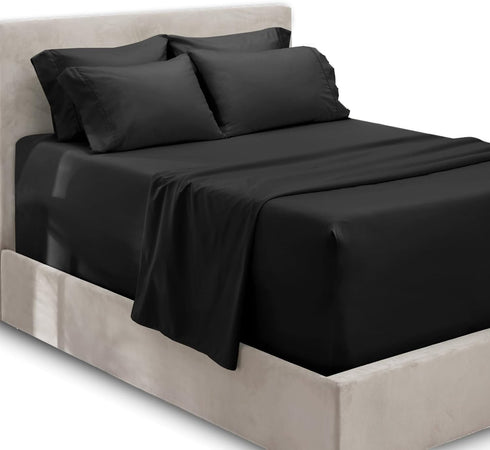 Hearth & Harbor California King Size Extra Deep Pocket Sheets - 6 Piece Set Fits 18-24 Inches Deep, Black