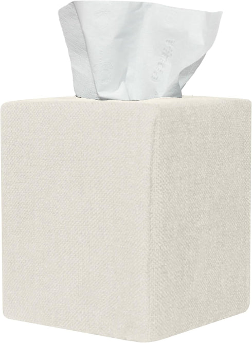 Tissue Box Cover, Cute Beige Linen Fabric Decorative Square Holder for Bathroom Vanity, Office, Nightstand