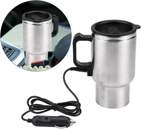 12V Electric Car Cup, 450ml Travel Heating Mug, Stainless Steel Coffee Tea Kettle for 12V Power Source