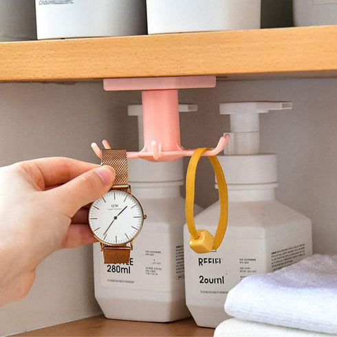 2PCS 360 Rotation Under Cabinet Hooks - Nail Free Adhesive Kitchen Utensils Hanging Hooks for Utensils, Tools, Towel,