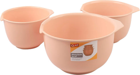 GLAD 3 Piece Mixing Bowls Set with Pour Spout | Non-Slip, BPA Free, Dishwasher Safe Plastic | Blush, Nesting Design