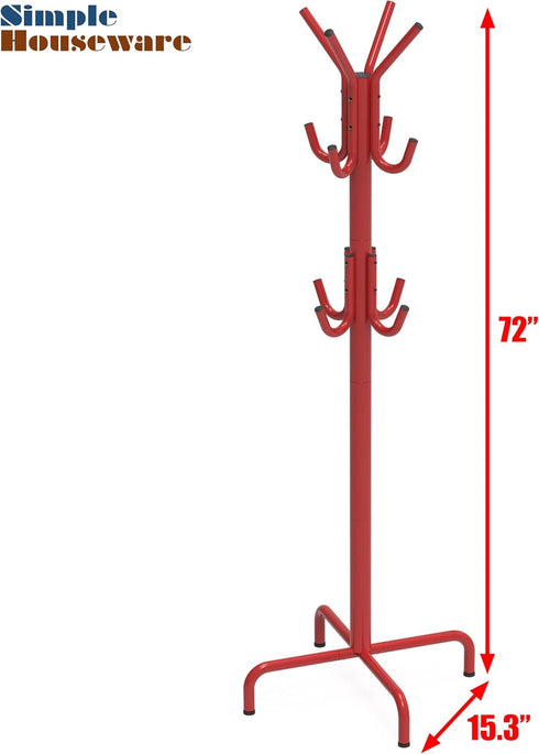 Simple Houseware Standing Coat and Hat Hanger Organizer Rack, 12 Hooks in Red