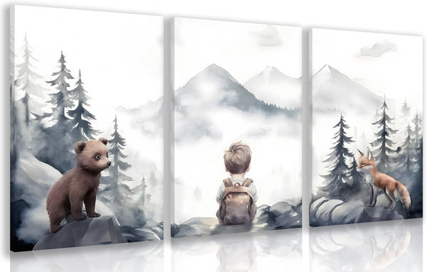Cyebmo Framed Woodland Boy Nursery Wall Art Set of 3, Whimsical Boy Adventure