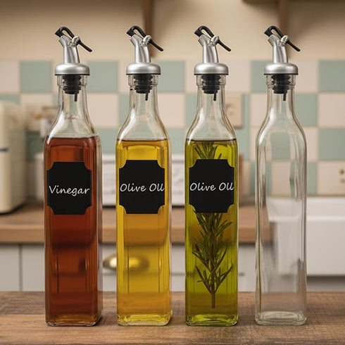 Bottle,4Pack 17 OZ 4 Pourer,2 1 8 (500ml) WERTIOO Olive Oil Dispenser Glass Oil Dispenser for Kitchen with Stainless