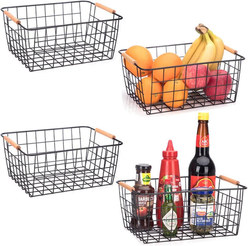 LeleCAT Set of 4 Wire Baskets with Wooden Handles, Wire Storage Organizer Baskets for Household Refrigerator, Cabinets,