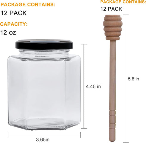 Woaiwo-q 12Pack 12 oz Glass Honey Jars with Lids, Clear Hexagon Jars with Black Lids, Honey Storage Jars + Wooden
