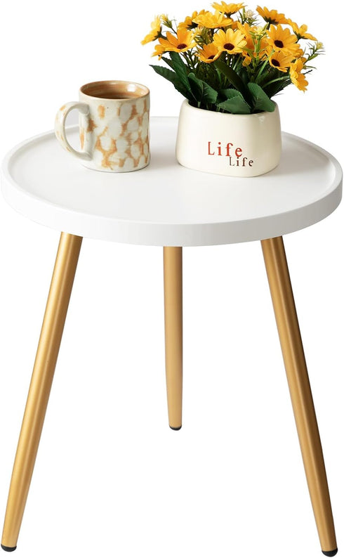 danpinera Small Round Side Table, Mini White Table with Wooden Tray &