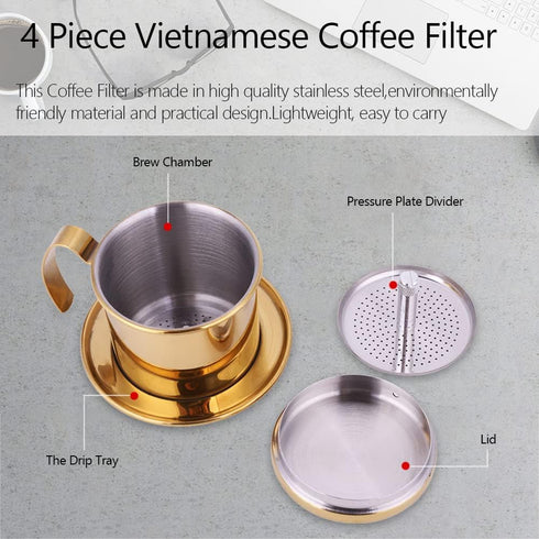 Zopsc Stainless Steel Coffee Filter Cup, Vietnamese Drip Filter Maker Infuser for Home Coffee (Gold)
